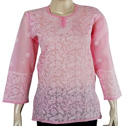 Womens Cotton Long Sleeve Pink Top Shirt Blouse Chikan Embroidery Size M