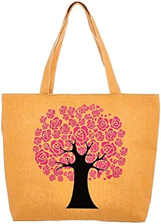 Tree of Life Flowers Print Summer Beach Canvas Fashion Tote Bag with Zipper (Pink)