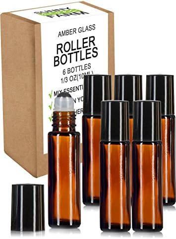 Roller Bottles for Essential Oils with Recipe eBook Amber Glass Roller Bottles, Useful for Aromatherapy, Mix with Fractionated Cocounut Jojoba Almond, Solid Amber Glass, 6 Bottle Set,10ml (Amber)