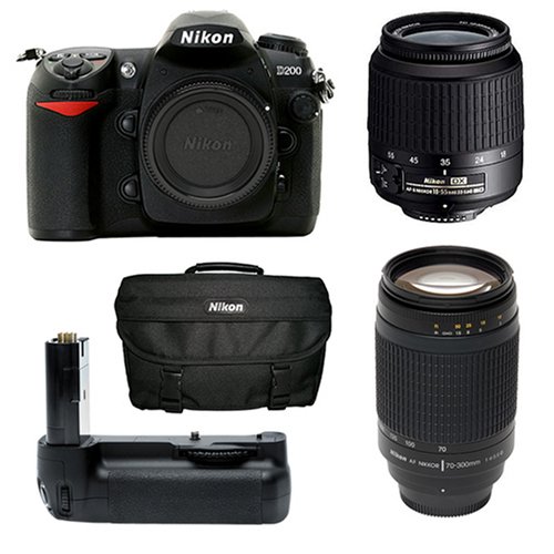 Nikon D200 10.2MP Digital SLR Camera + Nikon 18-55mm f/3.5-5.6G AF-S DX ED Zoom Lens + Nikon 70-300mm f/4-5.6G AF Nikkor Lens + Nikon MB-D200 Battery Grip + Nikon SLR Gadget Bag (Camera & Lenses Refurbished by Nikon U.S.A.)