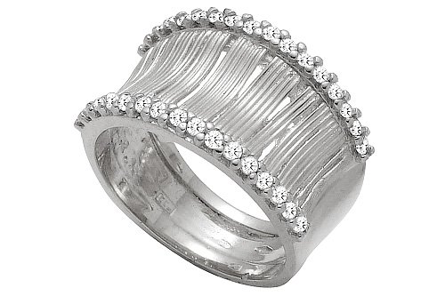 14K White Gold Hand-Crafted Matte-Finish Designer Ring, Enhanced with Pave Set Diamonds.