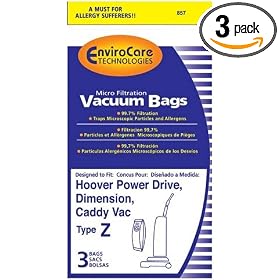 Hoover Part#4010100Z - Hoover Vacuum Type Z Replacement Vacuum Bags Microfiltration with Closure - 3 Bags per Package - by EnviroCare Part#857