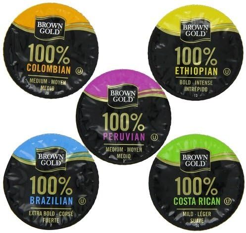 40-count Single Brewer Cups for Keurig Compatible Brewers Brown Gold 100% Single Origin Coffee Variety Pack Featuring Brown Gold Brazilian, Colombian, Peruvian, Costa Rican, and Ethiopian Cups