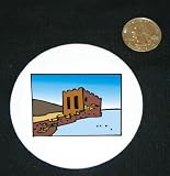 3″ button / pin printed with dilapidated, structure, china, lake, asia, building, mountain, fort, ruin, architecture