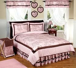 Pink and Brown French Toile and Polka Dot Girls Bedding 3pc Full / Queen Set