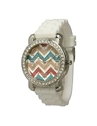 Womens Large Face Chevron Style White Silicone Band Watch in Silvertone CZ Rhinestones - WHT