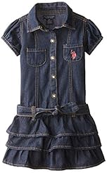 Girls Denim/Polyester/Spandex  Tiered Ruched  Dress With Ruffles
