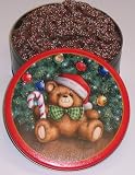 Scott's Cakes Mini Chocolate Covered Pretzels with Christmas Color Non-Pareils in a Christmas Teddy Bear Tin