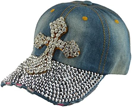 Woman Vintage Look Baseball W/Rhinestones Hat Printing snapback Cap Denim Blue (Cross2)