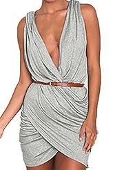 Spring Summer Winter Sleeveless Plunging Neck Wrap Belted Pleated Checkered Print Polyester/Spandex Mini Dress 