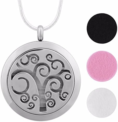 Eudora Tree of Life Aromatherapy Essential Oil Perfume Diffuser Locket Pandent Necklace,6 Pads,24''