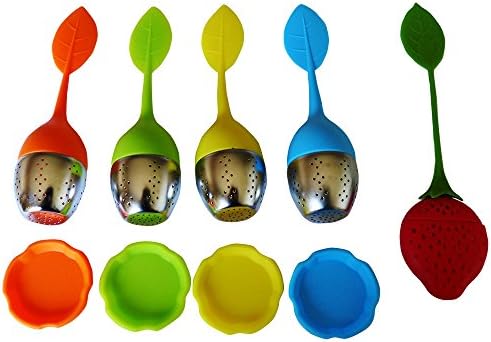 Tea Infuser, 4 Pack Leaf shaped plus 1 FREE Strawberry Shaped Tea Infuser. Tea Strainer with Stainless Steel and Food Grade Silicon Assorted Beautiful Colors