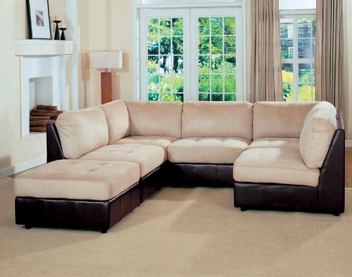 Contemporary Beige Brown Sectional Sofa with Ottoman