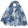 Polyester Cotton Sheer Watercolor Rose and Peony Flower Spray Frayed Edges Long Scarf Shawl Sarong - Various Colors