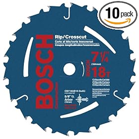 Bosch CB718AB10 7-1/4-Inch 18 Tooth ATB Crosscutting and Ripping Saw Blade with 5/8-Inch and Diamond Knockout Arbor, 10 Pack