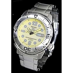 SEIKO 5 Sports Stainless Steel Automatic Watch with Cream Colored Dial. Model: SNZF07