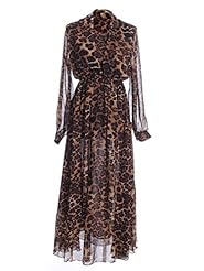 Leopard Print Elasticized   Waistline Long Sleeves Maxi Dress 