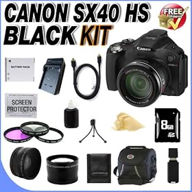 Canon SX40 HS 12.1MP Digital Camera with 35x Wide Angle Optical Image Stabilized Zoom and 2.7-inch Vari-Angle Wide LCD W/8GB SDHC Memory + Extra Extended Life NB10L Battery + Ac/Dc Rapid Charger + 3 Piece 67mm Filter Kit + Lens Adapter + Super Wide Angle Lens + 2x Telephoto Lens + Mini Hdmi Cable + 