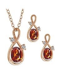 1.58 Ct Oval Orange Red Madeira Citrine Gold Plated Silver Pendant Earrings Set