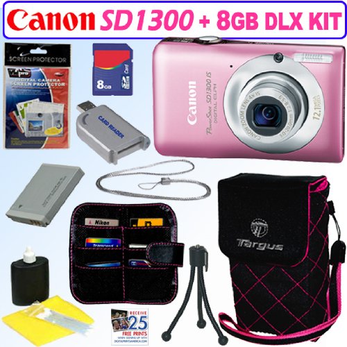 Canon PowerShot SD1300IS 12 MP Digital Camera Pink + 8GB Deluxe Accessory Kit