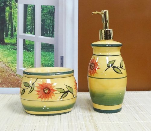 Sunflower Garden Collection Hand Painted Ceramic, Scouring Brillo Pad Holder with Soap Dispenser, 82988/89 By ACK