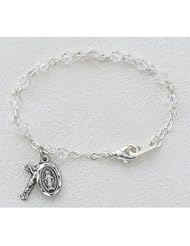 Sterling Silver 5 1/2" L Glass Pearl Beads & Heart Shaped Beads Baby Bracelet, Infant Jewlery, Girls Rosary Bracelet, Crucifix Cross & St. Mary Miraculous Medal Charms