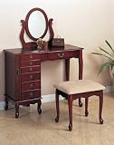 Beautiful Cherry Finish Storage Vanity Table Set w/Mirror & Stool