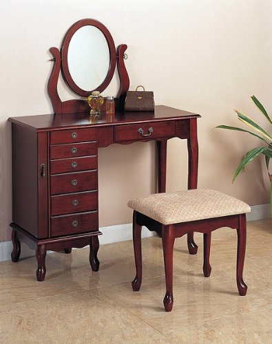 Beautiful Cherry Finish Storage Vanity Table Set w/Mirror & Stool