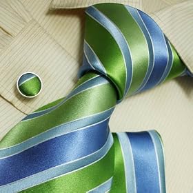 H5016 New Designes Green Blue Striped 100% Jacquard Woven Silk Tie Hanky Mens Necktie and Cuff...