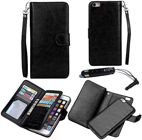 For iPhone 6 Plus 6S Plus 5.5", ATQ® Premium PU leather Flip Detachable Wallet Case with Credit Card Slot Holder and Hand Grip for Apple iPhone 6 Plus/6S Plus (Black) with Stylus
