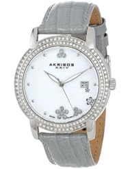Akribos XXIV Womens AK555GY Swiss Quartz Crystal Mother-Of-Pearl Strap Watch