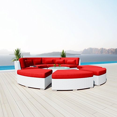 NEW Uduka 9pcs Outdoor Round Sectional Patio Furniture White Wicker Sofa Set Red All Weather Couch