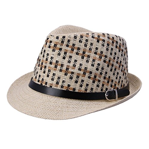 Elee Unisex Kids Straw Short Brim Trilby Fedora Cap Jazz Hat Sunhat with Leather Belt