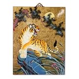 Asian Oriental Lacquered Painting Wall Art Plaque Tiger