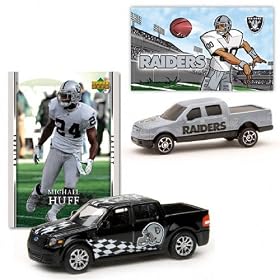 Oakland Raiders 2007 NFL Ford SVT Adrenalin and Ford F-150 Concept Die Casts with Michael Huff Trading Card and Team Sticker