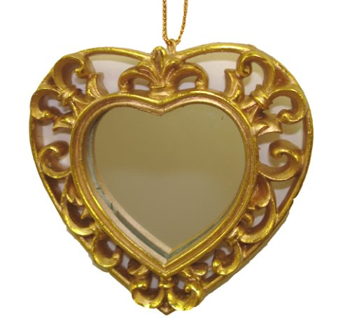 Filigree 3" Gold Heart Shaped Framed Mirror Christmas Ornament #H3249