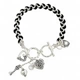 Silver and Black Ribbon Heart Charm Toggle Bracelet Fashion Jewelry