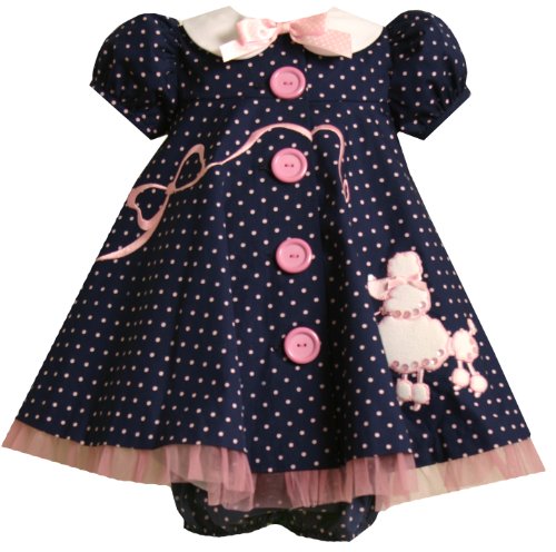 Bonnie Baby Button Front Trapeze Dress with Poodle Applique, Navy