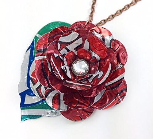 Dr Pepper Rose Statement Necklace. Recycled Soda Can Art. Long 30 inch Chain.