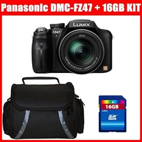 Panasonic Lumix DMC-FZ47K 12.1 MP Digital Camera with 24xOptical Zoom - Black + Camera Case + 16GB SDHC Memory Kit