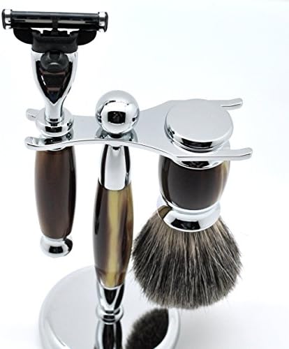 Shaving Set Kit Faux Horn Metal Badger Hair Brush,Mach 3 Razor and Stand