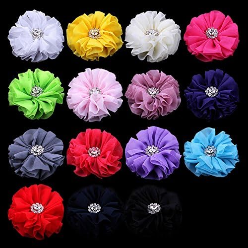 EMAXELER Pack of 10PCS Mixed Colors Flat-bottomed Beautiful DIY Handmade Decorative Chiffon Flowers with Rhinestone for Hair Clips, Scrapbooking and More Decoration,Wedding Flowers(10Pcs)