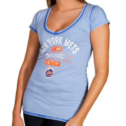 New York Mets Ladies Seam Wash Premium V-neck T-Shirt - Light Blue (Medium)