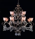 Crystorama Golden Teak Crystal Draped on a Wrought Iron Chandelier Handpainted with a Amber Glass Pa
