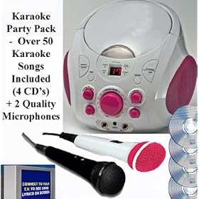Portable Karaoke Machine EKG77 - Stereo Boombox CD Player + Karaoke Machine - PARTY PACK: with 2 x Boys / Girls wired karaoke microphones (various colours) + 50 Karaoke SONGS (4 CD ' S) - CDG + (Connect to a TV to display lyrics from CD) - inc Echo - by Easy Karaoke - Pink (FAMILY PARTY PACK: Exclusive to Digitel Technology Ltd)
