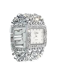 Iced Out Multi Crystal in Silver Tone Wide Bracelet Fashion Statement Watch