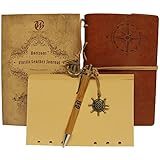 Classic Leather Writing Journal (Naval Compass Embossing) - Vintage Leather Cover & Refillable Design - Includes Extra Blank Paper & Bamboo Pen (Included)