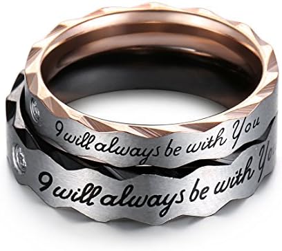 Dora Collection 316L Stainless Steel Love "I Will Always Be with You" Couples Matching Promise Engagement Wedding Ring With AAA Cubic Zirconia.