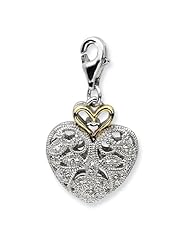 14k Yellow Gold Sterling Silver with 3 D Filigree Diamond. Heart with Lobster Clasp Charm