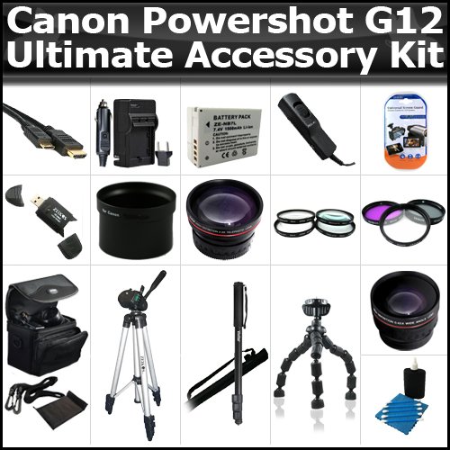 Ultimate Accessory Kit For The Canon Powershot G12 digital Camera Includes Extended Replacement NB-7l (1300 mAH) Battery + Ac/Dc Rapid Travel Charger + 50 Pro Tripod + HD Wide Angle Lens + 2X Telephoto + 3pc High Res Filter Kit + Much More